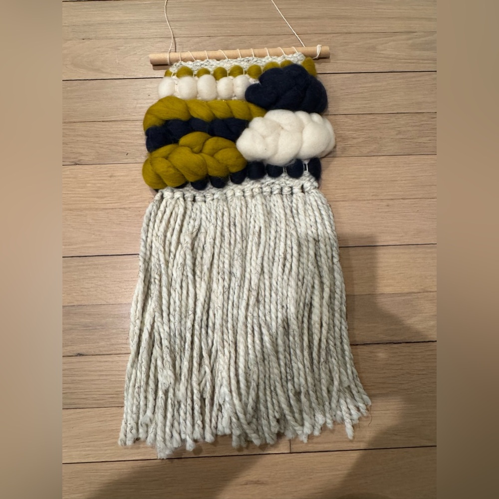 Handwoven Wool Wall Hanging in White, Mustard & Navy - Home Accents